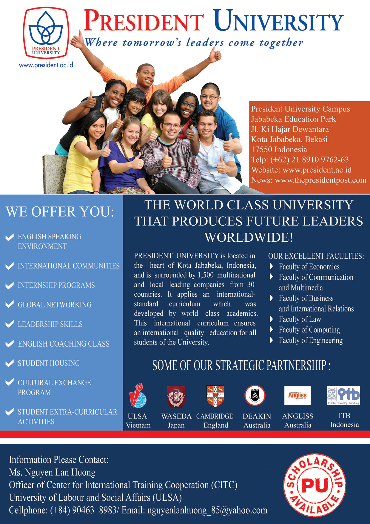 Thông báo tuyển sinh chương trình học bổng 100% học đại học tại Trường Đại học President, Indonesia năm 2013